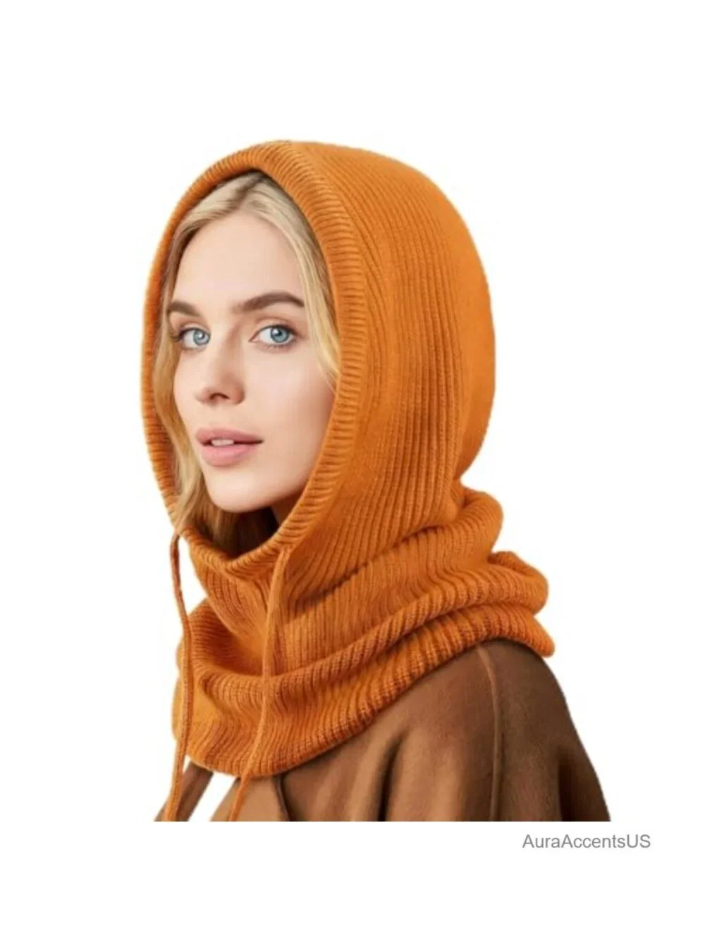 Wool Acrylic Knit Hooded Scarf Hat Balaclava with Drawstring Unisex Winter